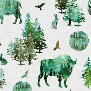 green watercolor fall bison on gray linen background