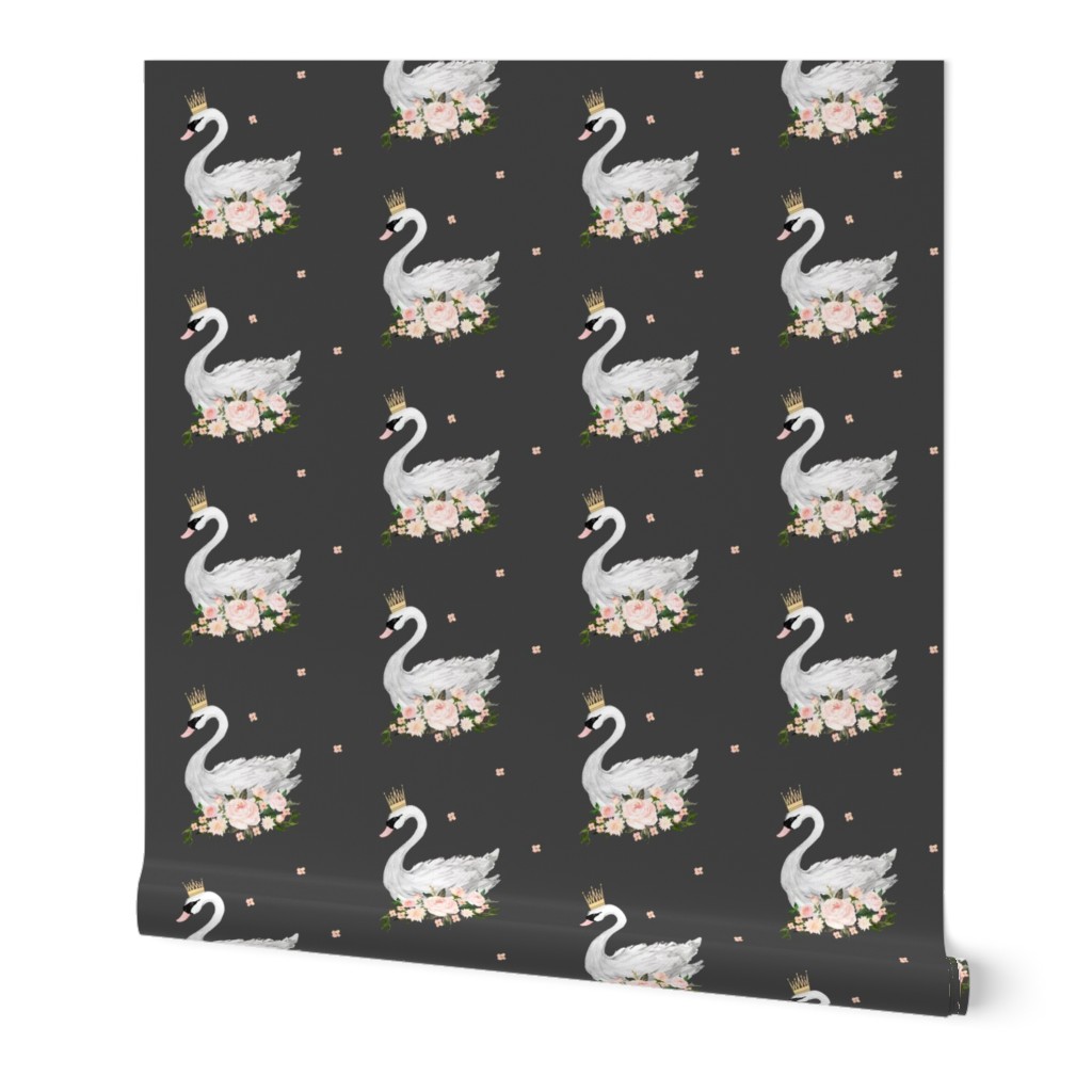 Swan with Roses in Grey - Wallpaper