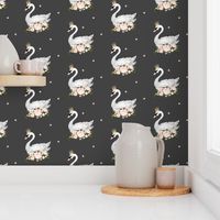 Swan with Roses in Grey - Wallpaper