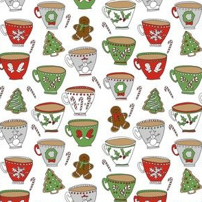 SMALL - christmas tea and coffee // hot chocolate, cocoa,  christmas, holiday, xmas, candy cane, teacup, tea party, snowman, snowflake - white