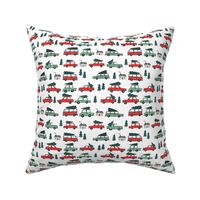 SMALL - Christmas cars with christmas trees cute fabric winter holiday red_white