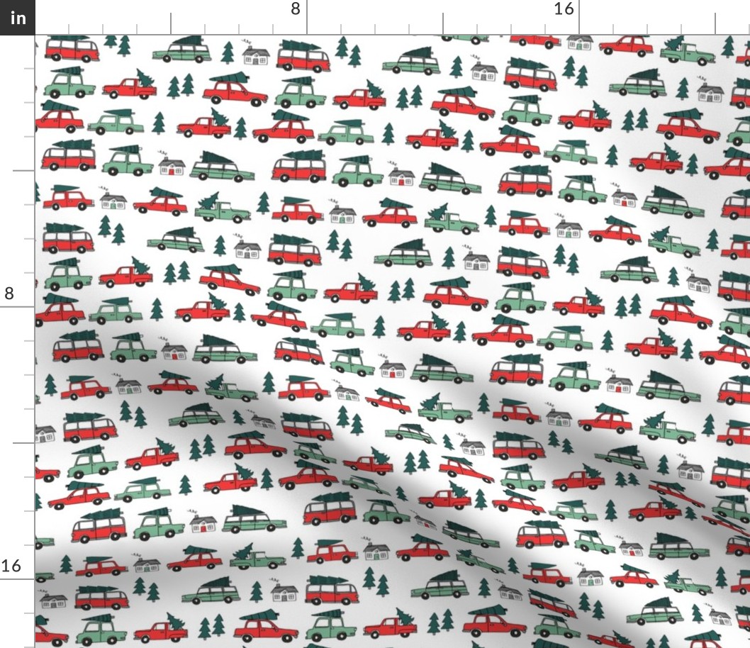 SMALL - Christmas cars with christmas trees cute fabric winter holiday red_white