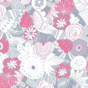 Whimsical Summer Floral - Pink Blueish Gray