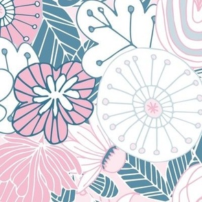 Whimsical Summer Floral - Pink Teal Large Scale