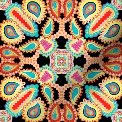 Paisley Kaleidoscope on Black with Turquoise