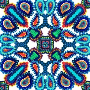 Paisley Kaleidoscpe on White with Blue and Turquoise
