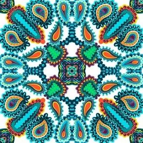 Paisley Kaleidoscope on White with Turquoise and Orange