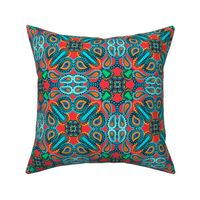 Paisley Kaleidoscope on Red with Turquoise and Orange