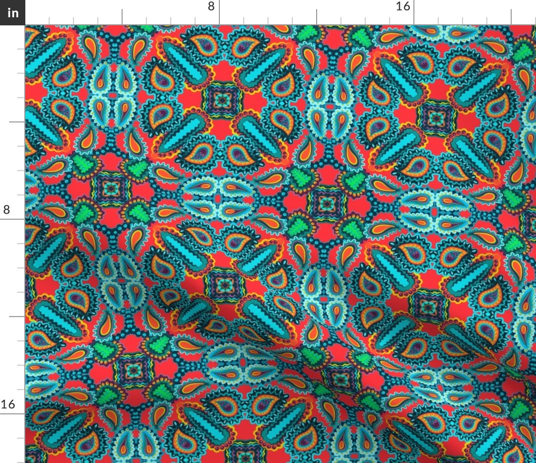 Paisley Kaleidoscope on Red with Turquoise and Orange