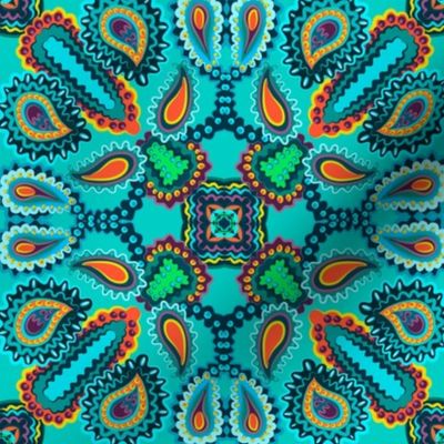 Paisley Kaleidoscope on Turquoise with Orange