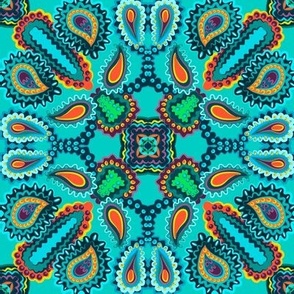 Paisley Kaleidoscope on Turquoise with Orange