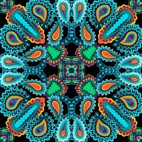 Paisley Kaleidoscope on Black with Turquoise and Orange