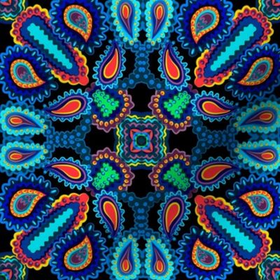 Paisley Kaleidoscope on Black with Blue and Turquoise