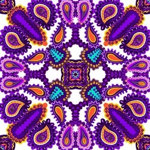 Paisley Kaleidoscope on White with Purple and Orange