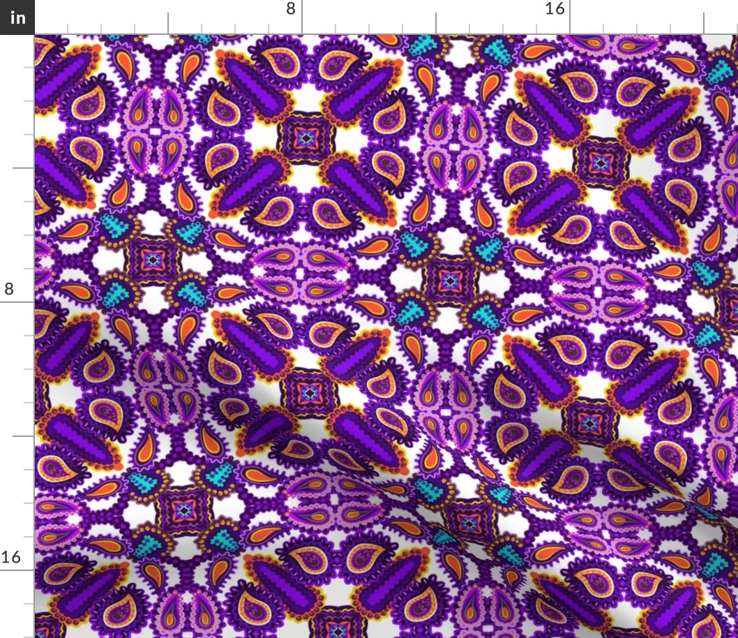 Paisley Kaleidoscope on White with Purple and Orange