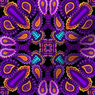 Paisley Kaleidoscope on Black with Purple and Orange