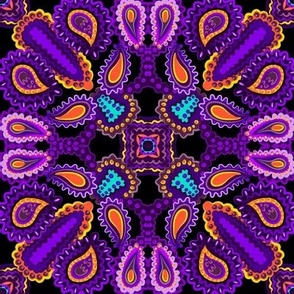 Paisley Kaleidoscope on Black with Purple and Orange