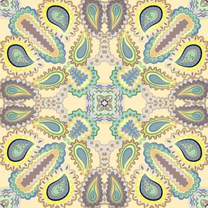 Paisley Kaleidoscope on Sand with Sage and Grayed Blue