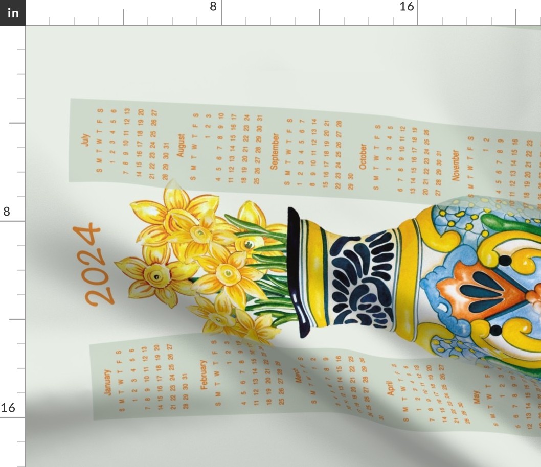 2024-Talavera Vase with Daffodils  Tea Towel Calendar 18x27