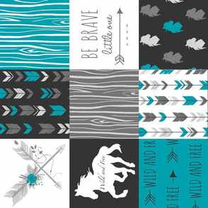 Horse Patchwork - Be Brave - Teal,  Black, Grey, White-ch