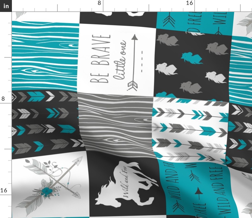 Horse Patchwork - Be Brave - Teal,  Black, Grey, White-ch