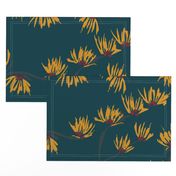 large scale batik witch hazel yellow flowers on dark teal