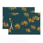 large scale batik witch hazel yellow flowers on dark teal