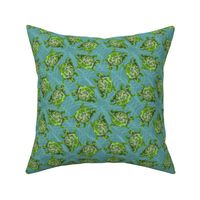 Bright Green Swimming Turtles on Turquoise