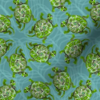 Bright Green Swimming Turtles on Turquoise