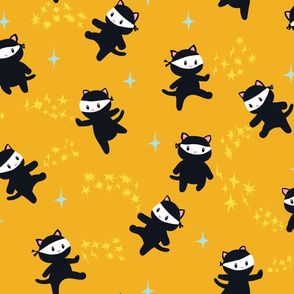 Ninja Cats with Star Power on Yellow Background - Large - Cute Kids Gender Neutral Karate Marial Arts