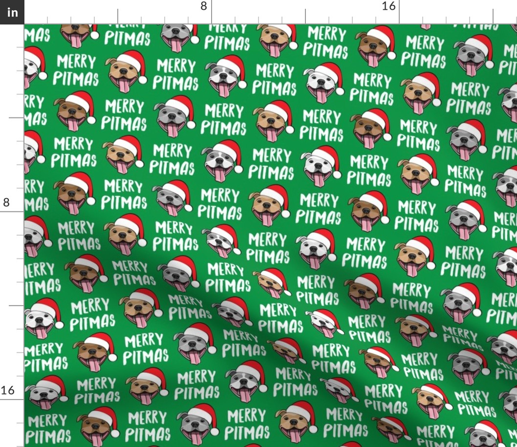 (small scale) Merry Pitmas - pit bull Santa hats - pitties - green - Christmas dogs - LAD19BS