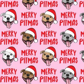 (small scale) Merry Pitmas - pit bull Santa hats - pitties - pink - Christmas dogs - LAD19BS