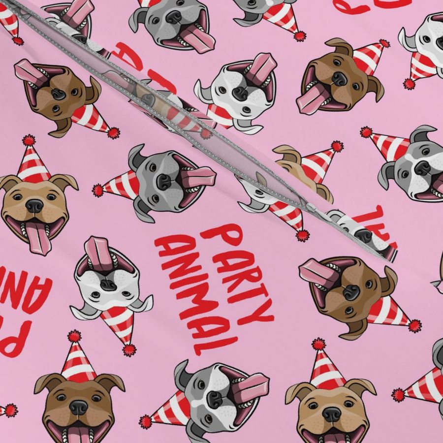 party animals - pit bulls - smiling pit bulls party hats - red and pink - LAD19BS