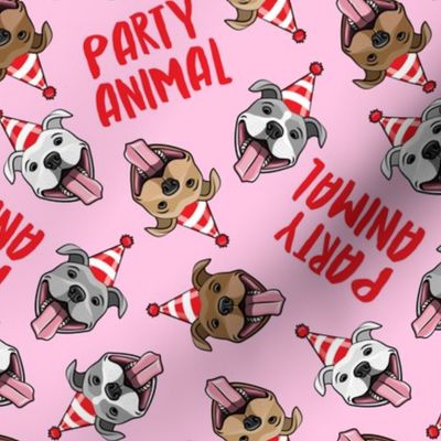 party animals - pit bulls - smiling pit bulls party hats - red and pink - LAD19BS