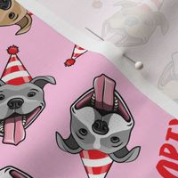 party animals - pit bulls - smiling pit bulls party hats - red and pink - LAD19BS