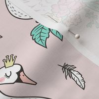 Dreamy Swan Swans & Vintage Boho Flowers and Feathers on Light Pink