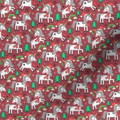 Christmas Holidays Unicorn Rainbow & Tree Doodle on Dark Red  Smaller 1,5 inch