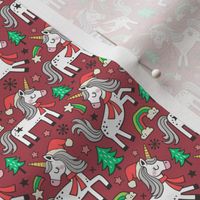 Christmas Holidays Unicorn Rainbow & Tree Doodle on Dark Red  Smaller 1,5 inch