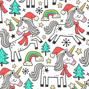 Christmas Holidays Unicorn Rainbow & Mint Green Trees Doodle on White