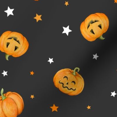 Halloween Pumpkins and Stars scattered on black night - medium scale
