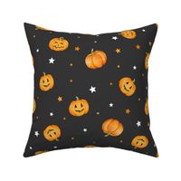 Halloween Pumpkins and Stars scattered on black night - medium scale