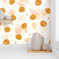 Halloween Pumpkins and Stars scattered on watercolour orange and white -large scale