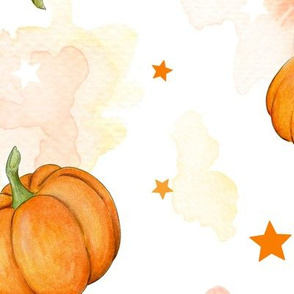 Halloween Pumpkins and Stars scattered on watercolour orange and white -large scale