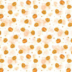 Halloween Pumpkins and Stars scattered on watercolour orange and white -tiny scale
