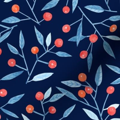 Watercolor winter berries on a navy background