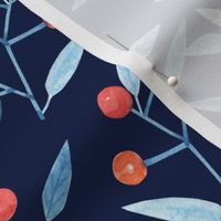 Watercolor winter berries on a navy background