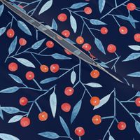 Watercolor winter berries on a navy background