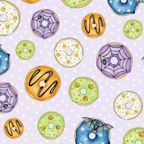 Halloween Donuts scattered on spotty pale lilac - medium scale