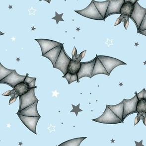 Ditsy Bats and Stars on light blue - large scale