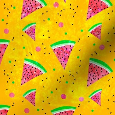 Watermelon yellow magic, textures slices and seeds dots and beautiful colors on yellow background